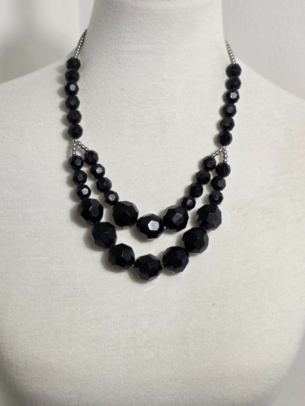 Vintage Double-Strand Statement Necklace Graduated Jet Black Faceted Beads